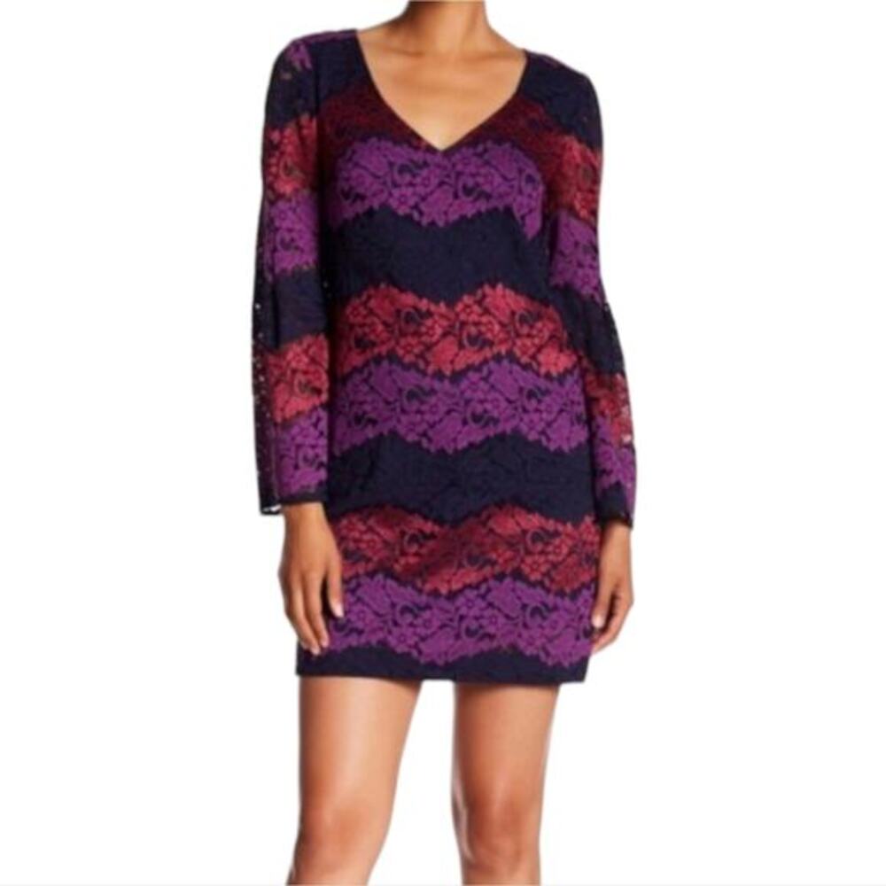Trina Turk Revue Lace Dress V Neck Long Sleeve Purple Navy Mini Party‎ Cocktail